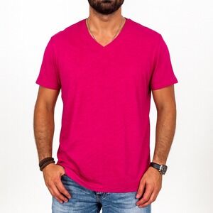 Vince 100% Cotton Slub V-Neck T-Shirt Bright Fuchsia Pink XL Men's Casual Top